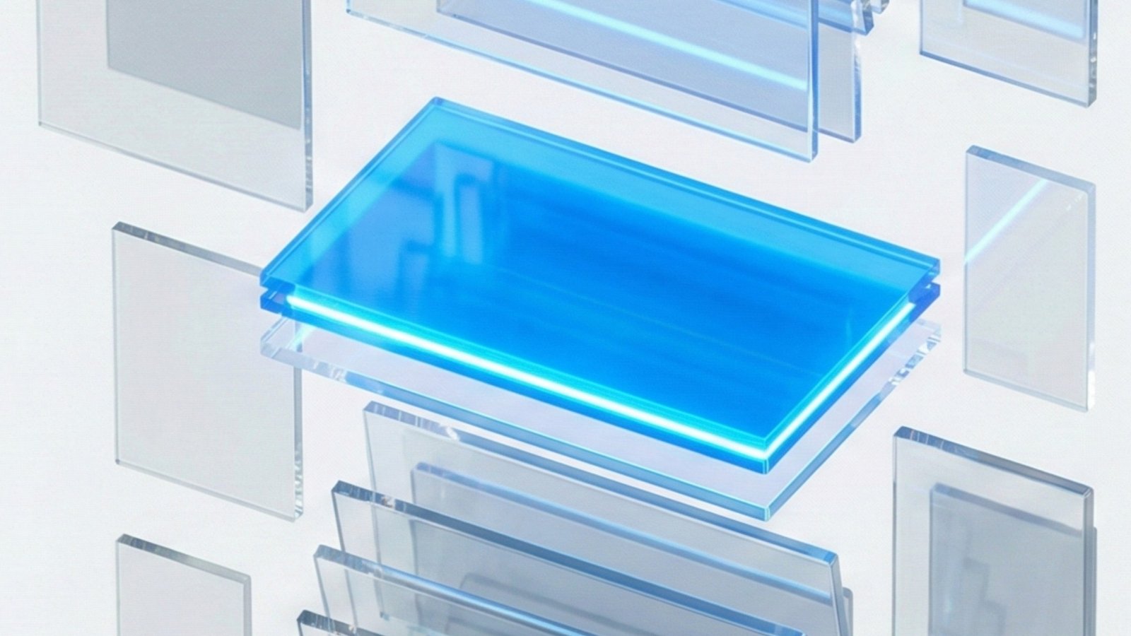 Fluxo vertical de cartões de dados transparentes onde apenas um se destaca em azul vibrante, representando o sistema de ranking e seleção de conteúdo do algoritmo do Instagram