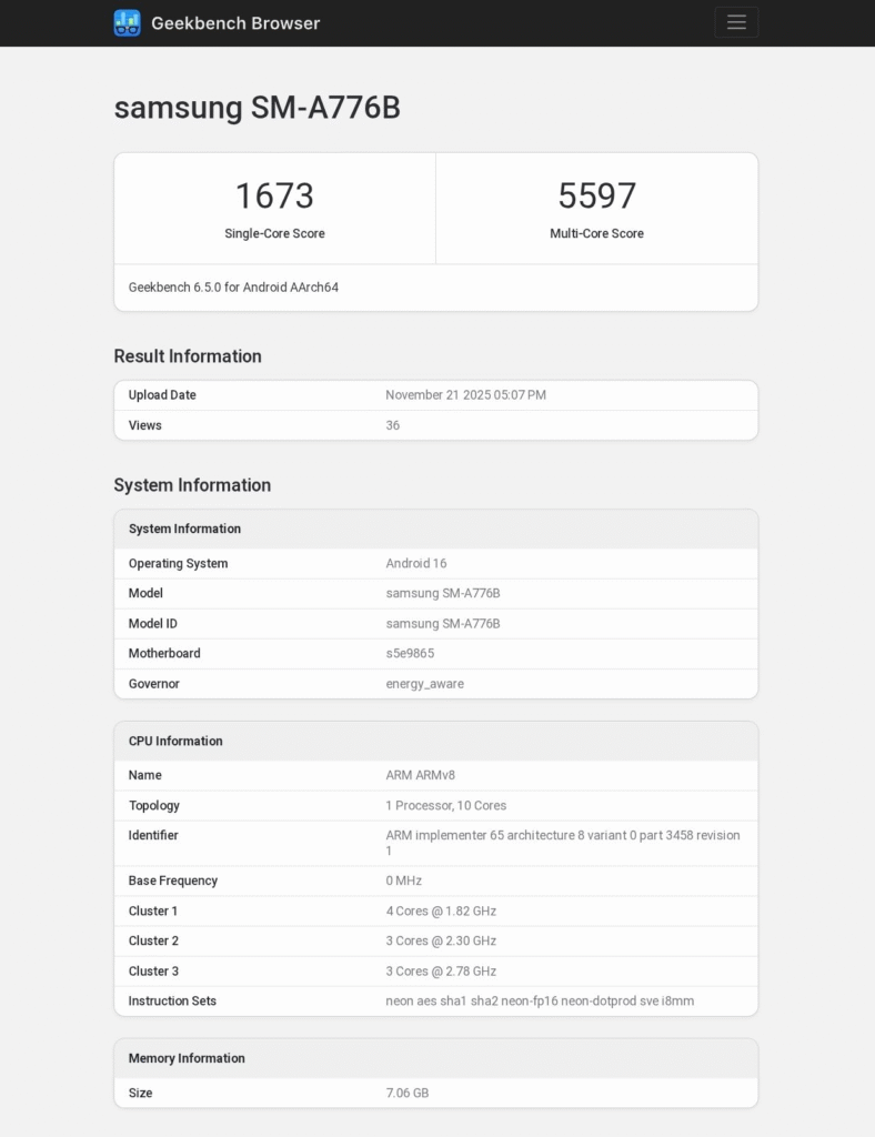 Captura de tela de um registro falso no Geekbench exibindo o modelo 'samsung SM-A776B' com pontuações de 1673 (single-core) e 5597 (multi-core). O teste foi realizado em um Galaxy S24 FE com a identificação do sistema modificada via root, simulando um inexistente Galaxy A77