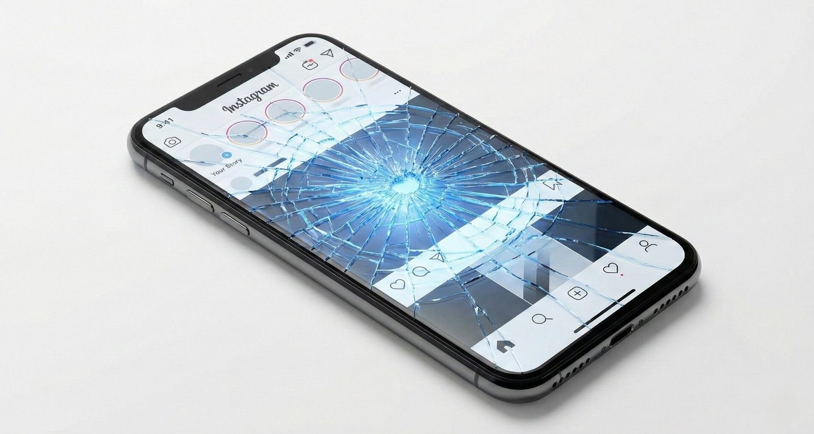 martphone com a tela de vidro estilhaçada por uma rachadura profunda, mas ainda emitindo uma luz azul brilhante de redes sociais, simbolizando os danos ocultos à saúde mental por trás da interface polida do Instagram, da Meta