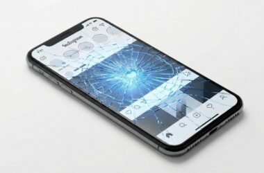 martphone com a tela de vidro estilhaçada por uma rachadura profunda, mas ainda emitindo uma luz azul brilhante de redes sociais, simbolizando os danos ocultos à saúde mental por trás da interface polida do Instagram, da Meta