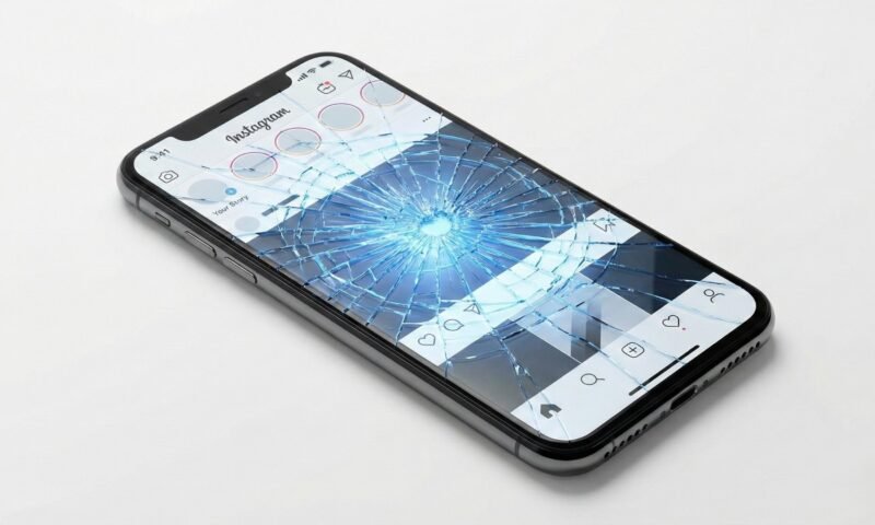 martphone com a tela de vidro estilhaçada por uma rachadura profunda, mas ainda emitindo uma luz azul brilhante de redes sociais, simbolizando os danos ocultos à saúde mental por trás da interface polida do Instagram, da Meta