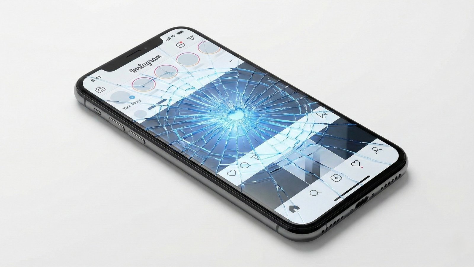 martphone com a tela de vidro estilhaçada por uma rachadura profunda, mas ainda emitindo uma luz azul brilhante de redes sociais, simbolizando os danos ocultos à saúde mental por trás da interface polida do Instagram, da Meta