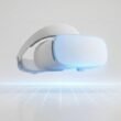 Headset de realidade virtual futurista projetando uma luz azul em formato de grid no horizonte, ilustrando a tecnologia imersiva e a estratégia de futuro da Meta
