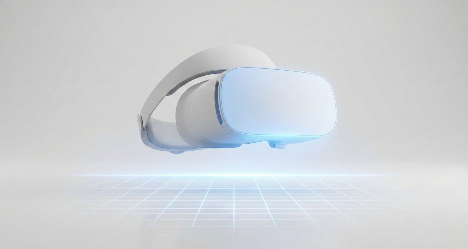 Headset de realidade virtual futurista projetando uma luz azul em formato de grid no horizonte, ilustrando a tecnologia imersiva e a estratégia de futuro da Meta