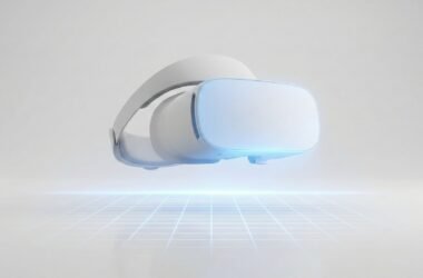 Headset de realidade virtual futurista projetando uma luz azul em formato de grid no horizonte, ilustrando a tecnologia imersiva e a estratégia de futuro da Meta
