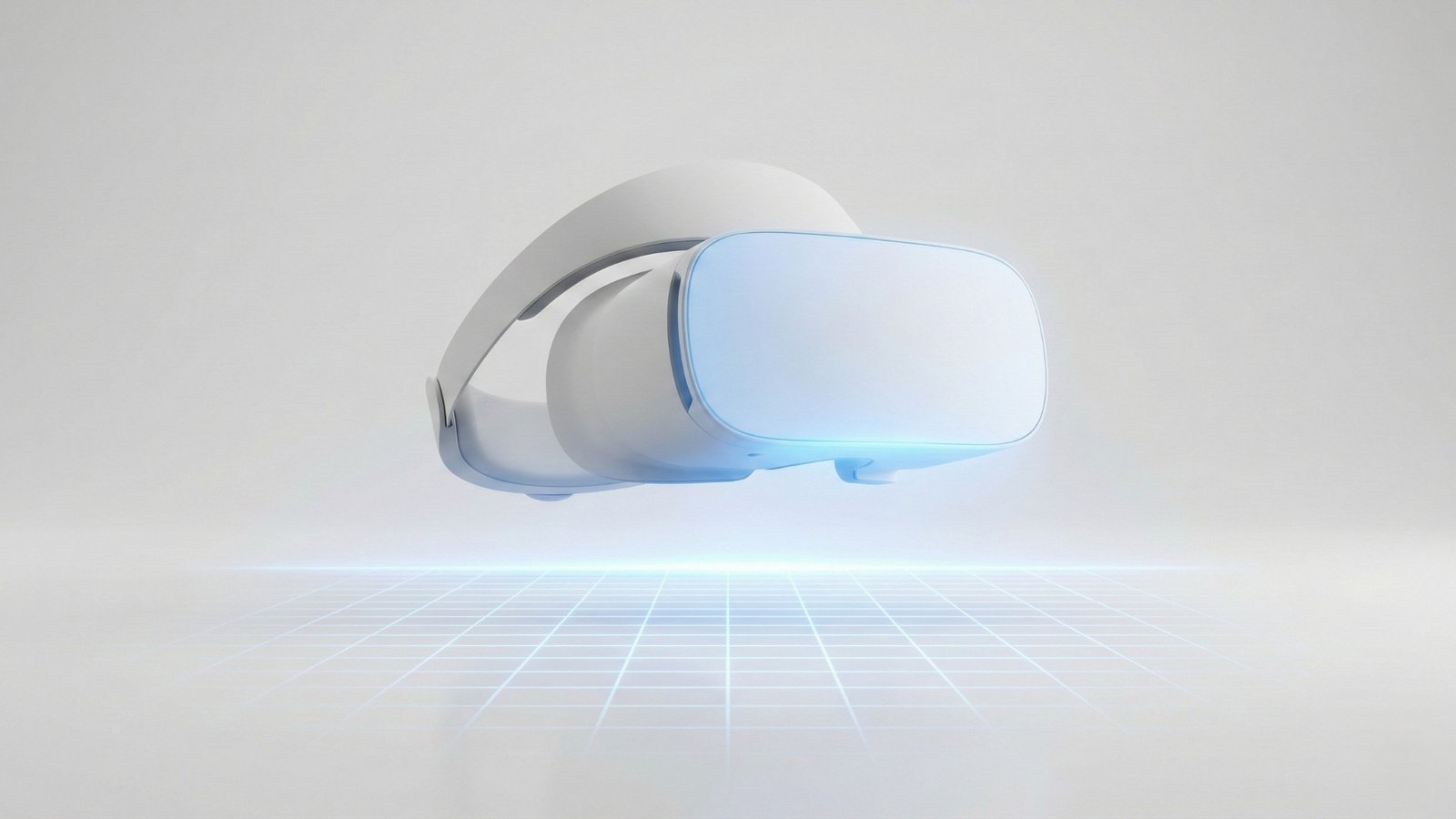 Headset de realidade virtual futurista projetando uma luz azul em formato de grid no horizonte, ilustrando a tecnologia imersiva e a estratégia de futuro da Meta