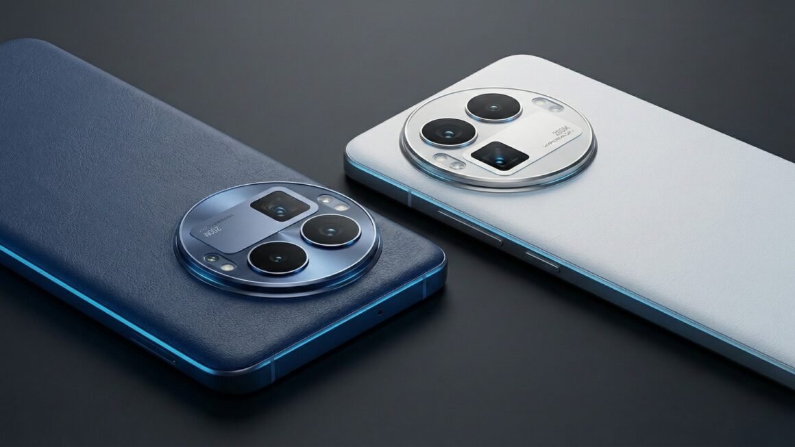 Detalhe traseiro de dois smartphones realme GT 8 Pro dispostos lado a lado, exibindo as cores Azul Urban e Branco Diary. A imagem destaca o acabamento texturizado do painel traseiro, semelhante a couro, e o proeminente módulo circular de câmeras, onde é possível ver a lente periscópica quadrada e o flash LED