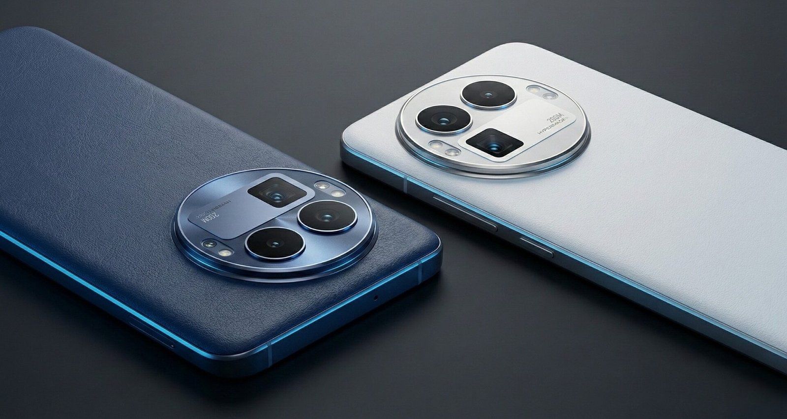 Detalhe traseiro de dois smartphones realme GT 8 Pro dispostos lado a lado, exibindo as cores Azul Urban e Branco Diary. A imagem destaca o acabamento texturizado do painel traseiro, semelhante a couro, e o proeminente módulo circular de câmeras, onde é possível ver a lente periscópica quadrada e o flash LED