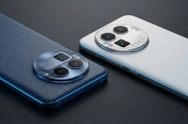 Detalhe traseiro de dois smartphones realme GT 8 Pro dispostos lado a lado, exibindo as cores Azul Urban e Branco Diary. A imagem destaca o acabamento texturizado do painel traseiro, semelhante a couro, e o proeminente módulo circular de câmeras, onde é possível ver a lente periscópica quadrada e o flash LED