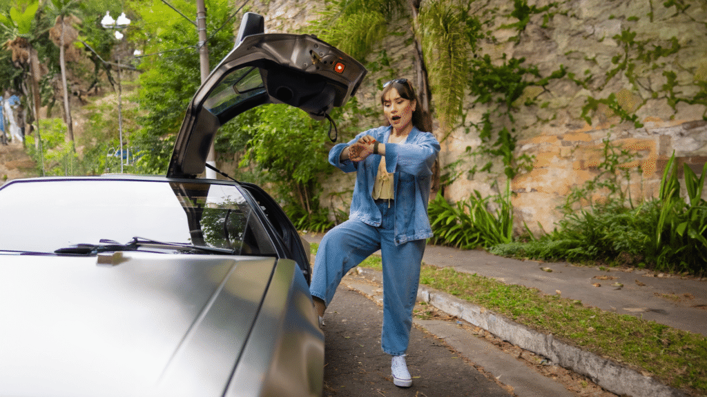 Marê Sanz, de jaqueta jeans, em frente a um DeLorean DMC-12 com a porta aberta, olhando surpresa para o relógio em seu pulso, em uma rua com árvores