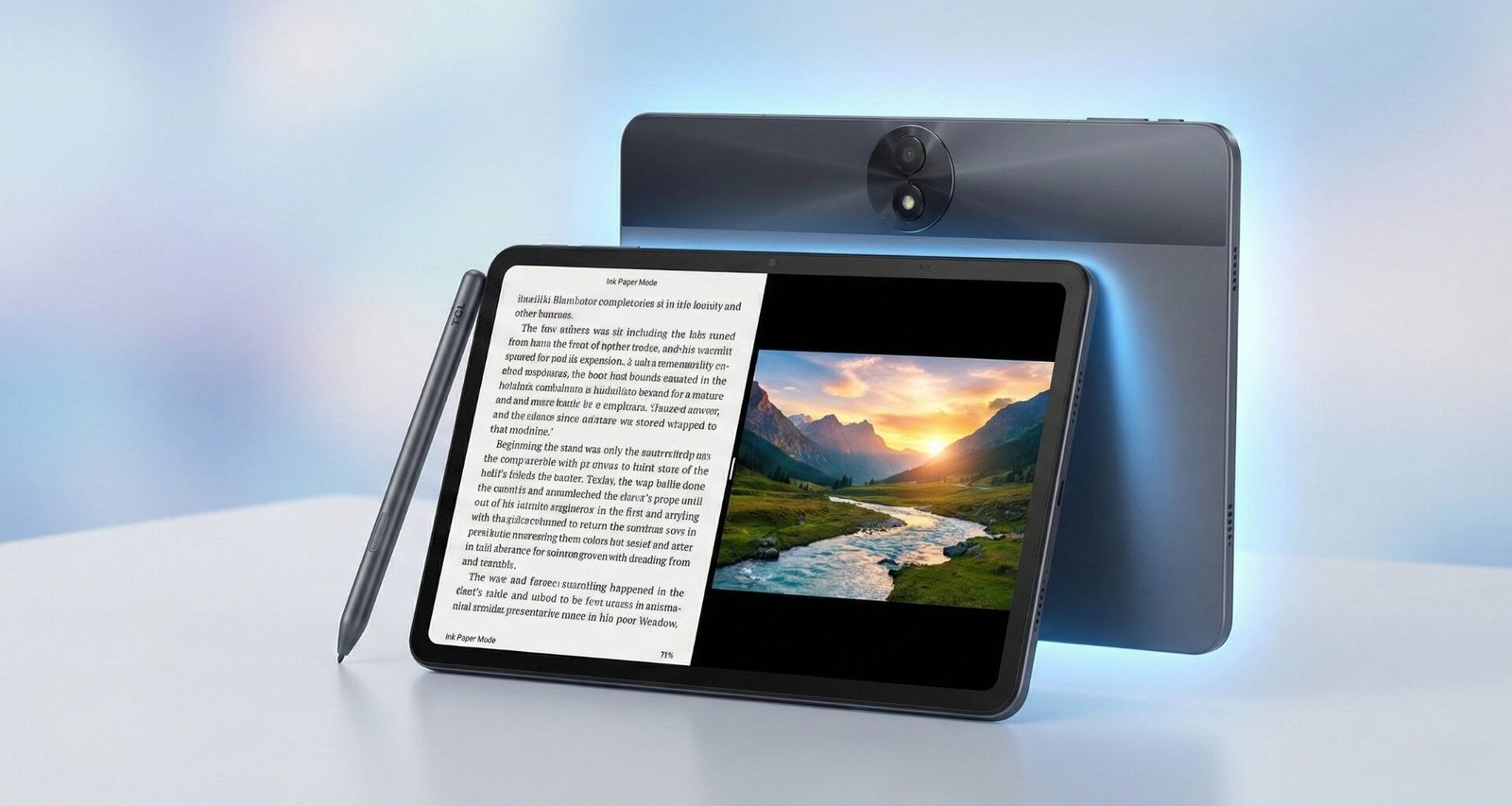 Uma imagem promocional de estúdio do tablet TCL NXTPAPER 11 Gen 2 preto, com a tela dividida exibindo um e-book texturizado e uma paisagem colorida. A caneta T-Pen está ao lado. Atrás, um segundo tablet TCL azul-escuro, com um brilho azul ao redor, é visto de costas, mostrando seu módulo de câmera dupla e o logotipo. Ambos os dispositivos estão sobre uma superfície reflexiva branca contra um fundo azul suave e desfocado.