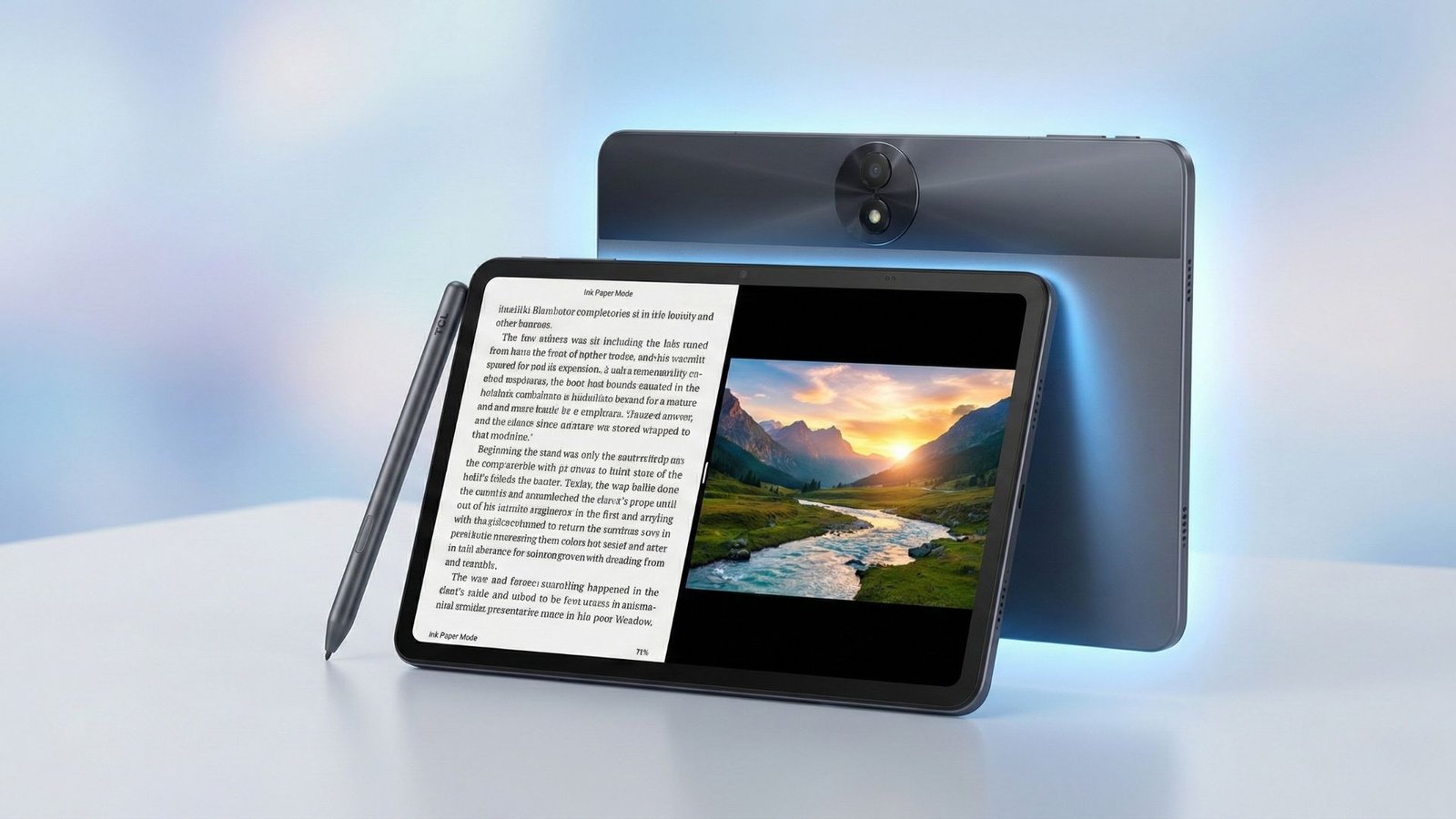 Uma imagem promocional de estúdio do tablet TCL NXTPAPER 11 Gen 2 preto, com a tela dividida exibindo um e-book texturizado e uma paisagem colorida. A caneta T-Pen está ao lado. Atrás, um segundo tablet TCL azul-escuro, com um brilho azul ao redor, é visto de costas, mostrando seu módulo de câmera dupla e o logotipo. Ambos os dispositivos estão sobre uma superfície reflexiva branca contra um fundo azul suave e desfocado.