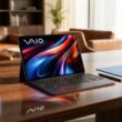 Um tablet VAIO preto com teclado está sobre uma mesa de madeira polida, sua tela vibrante e colorida refletida na superfície. No primeiro plano, dois vasos azuis com suculentas e canecas de cerâmica azuis recebem luz dourada natural. O fundo desfocado mostra um escritório elegante com sofás de couro marrom.
