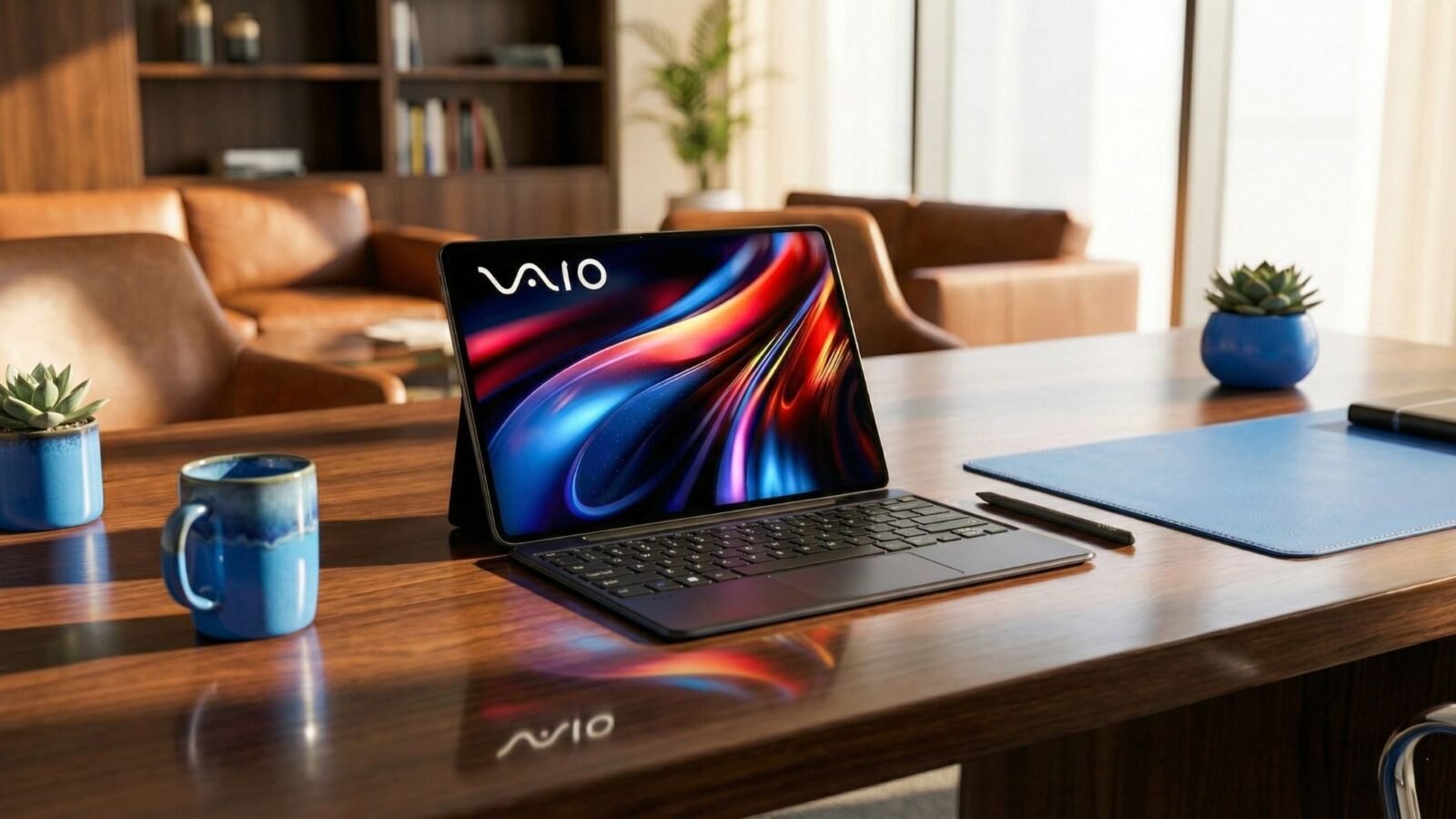 Um tablet VAIO preto com teclado está sobre uma mesa de madeira polida, sua tela vibrante e colorida refletida na superfície. No primeiro plano, dois vasos azuis com suculentas e canecas de cerâmica azuis recebem luz dourada natural. O fundo desfocado mostra um escritório elegante com sofás de couro marrom.