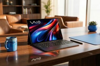 Um tablet VAIO preto com teclado está sobre uma mesa de madeira polida, sua tela vibrante e colorida refletida na superfície. No primeiro plano, dois vasos azuis com suculentas e canecas de cerâmica azuis recebem luz dourada natural. O fundo desfocado mostra um escritório elegante com sofás de couro marrom.