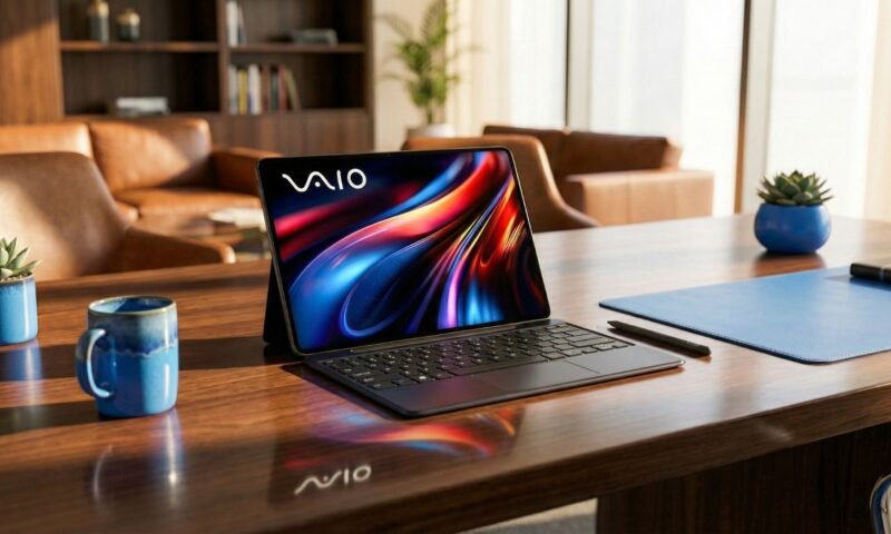 Um tablet VAIO preto com teclado está sobre uma mesa de madeira polida, sua tela vibrante e colorida refletida na superfície. No primeiro plano, dois vasos azuis com suculentas e canecas de cerâmica azuis recebem luz dourada natural. O fundo desfocado mostra um escritório elegante com sofás de couro marrom.