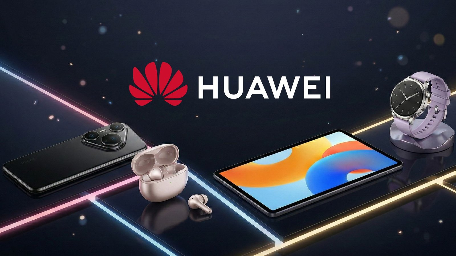 Composição visual da campanha de ofertas Huawei 3.3. Sobre um fundo escuro com linhas geométricas em neon, o logotipo da marca paira acima de quatro dispositivos premium: um smartphone da linha Pura 80 preto, fones de ouvido sem fio, um tablet MatePad com tela colorida e um smartwatch com pulseira lilás em seu suporte.