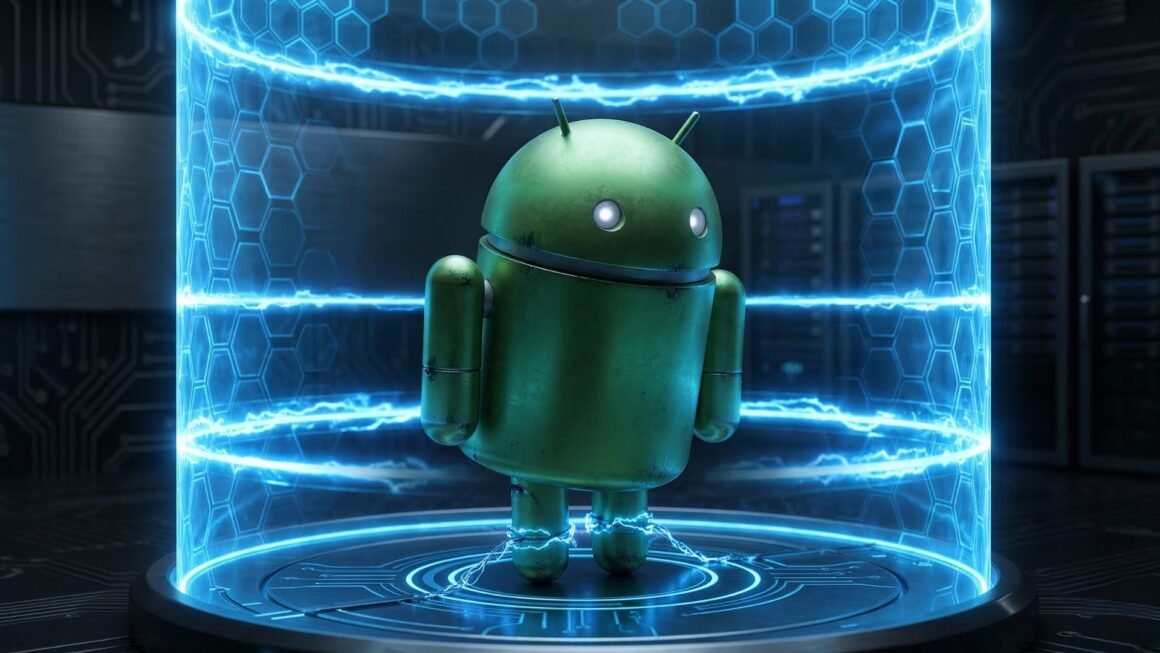 Infográfico visualizando o bloqueio de sideloading no Android: o robô Bugdroid está acorrentado pelos pés por energia azul brilhante e contido dentro de uma cela de energia, simbolizando a nova restrição de 24 horas para apps não verificados. Estilo tech, minimalista e dramático.