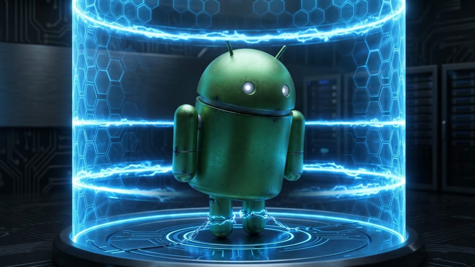 Infográfico visualizando o bloqueio de sideloading no Android: o robô Bugdroid está acorrentado pelos pés por energia azul brilhante e contido dentro de uma cela de energia, simbolizando a nova restrição de 24 horas para apps não verificados. Estilo tech, minimalista e dramático.