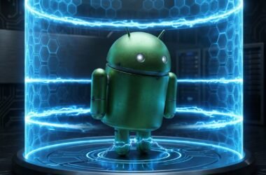 Infográfico visualizando o bloqueio de sideloading no Android: o robô Bugdroid está acorrentado pelos pés por energia azul brilhante e contido dentro de uma cela de energia, simbolizando a nova restrição de 24 horas para apps não verificados. Estilo tech, minimalista e dramático.