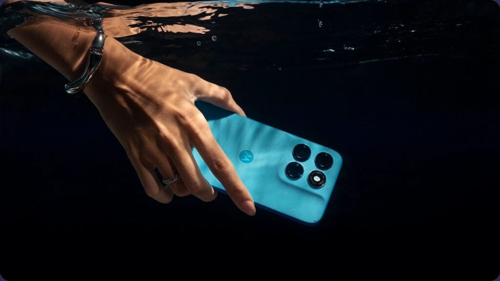 Uma mão com pele clara, usando uma pulseira prateada e um anel, segura o Motorola Moto G Max azul-claro totalmente submerso em água escura. A luz incide através da superfície líquida, criando reflexos ondulados sobre a traseira texturizada do smartphone, que destaca o logotipo da Motorola e seu módulo de câmeras quádruplo, enfatizando a resistência à água do dispositivo.