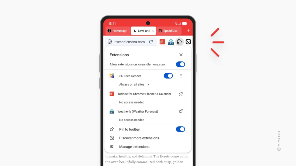 Vivaldi 8.2 Android Extensões Chrome