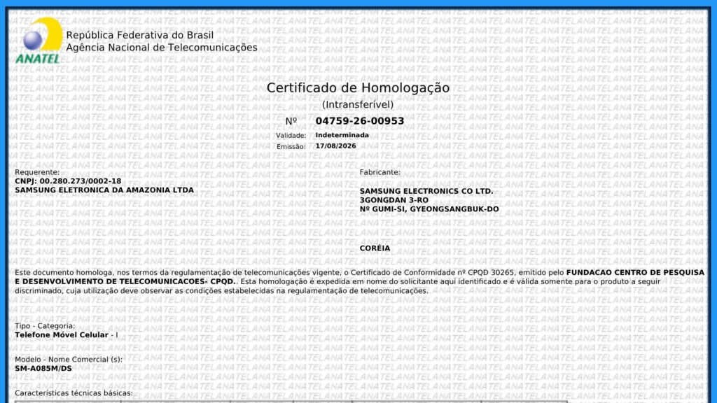 Samsung Galaxy A08 Anatel certificado homologação