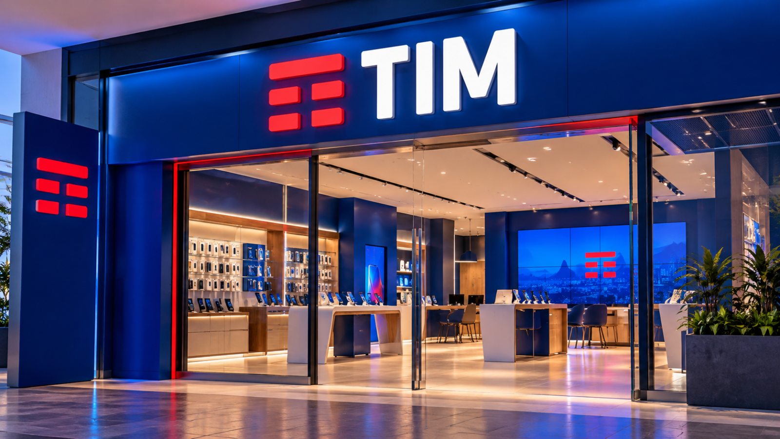 Loja TIM Moderna Iluminada em Azul e Vermelho