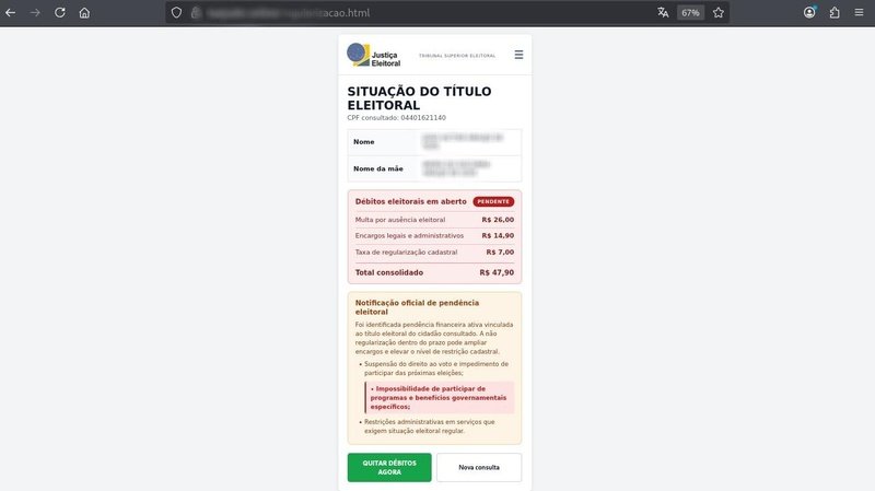 TSE falso situação cadastral